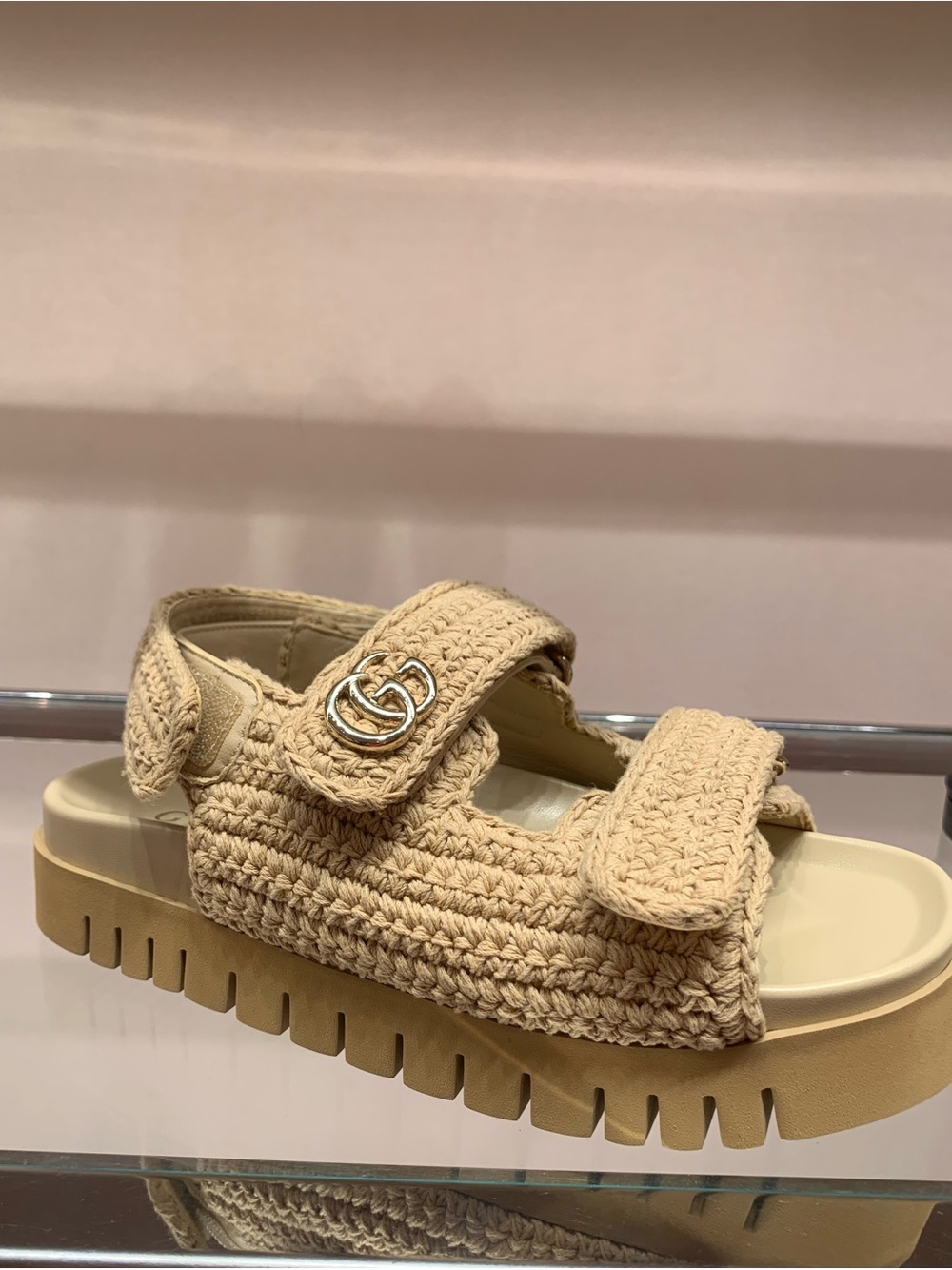 Gucci Beige Braided Platform Sandal with Double G Logo